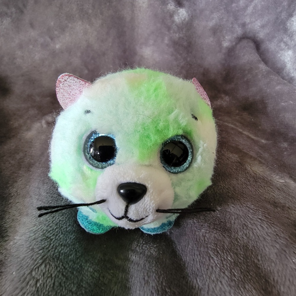 Ty Puffies Evie Cat Plush Kids 4 Inch Green Excellent Tie Dye Weighted Ball